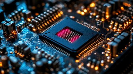 Obraz premium Close-up of a Microchip on a Circuit Board
