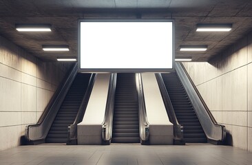 Fototapeta premium Modern underground passage with twin escalators flanking a central suspended blank billboard, illuminated by linear ceiling lights, cold-toned concrete walls and floor in symmetrical minimalist compos