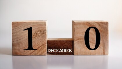 Minimalist photo of wooden blocks with date 10 December. Day and month, calendar on white background