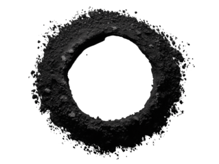  Circular arrangement of coarse black powder forming a textured ring with scattered edges, emphasizing the intricate details of the particles, PNG file isolate on transparent background, cut out