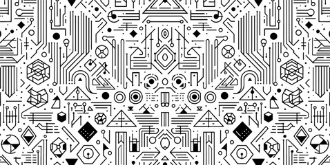 A seamless pattern in minimal flat design, pattern, clean bold outlines, white background with geometric futuristic shapes, evenly spaced and tileable