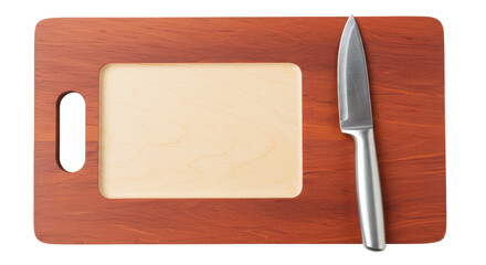 Isolated wooden cutting board with knife