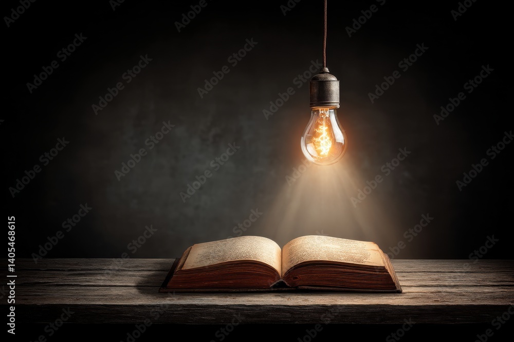 Poster vintage light bulb illuminates an open book, creating a dramatic and focused atmosphere for reading 