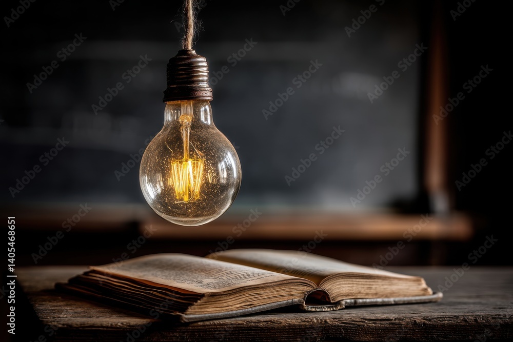 Poster an old book is laying open with a lightbulb above it symbolizing knowledge and learning, creating a 