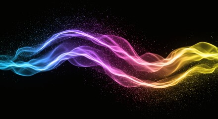 Obraz premium Abstract Colorful Wavy Lines with Sparkling Particles on Black Background