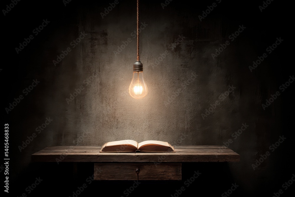 Poster a captivating image of an open book resting on a wooden table under a glowing light bulb, symbolizin