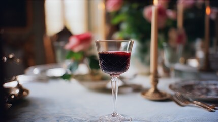 Fototapeta premium Elegant Dining Setup with Crystal Wine Glass and Romantic Candlelight Ambiance