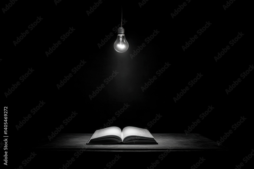 Poster an illuminated open book on a table under a hanging light bulb in dark background, symbolizing knowl