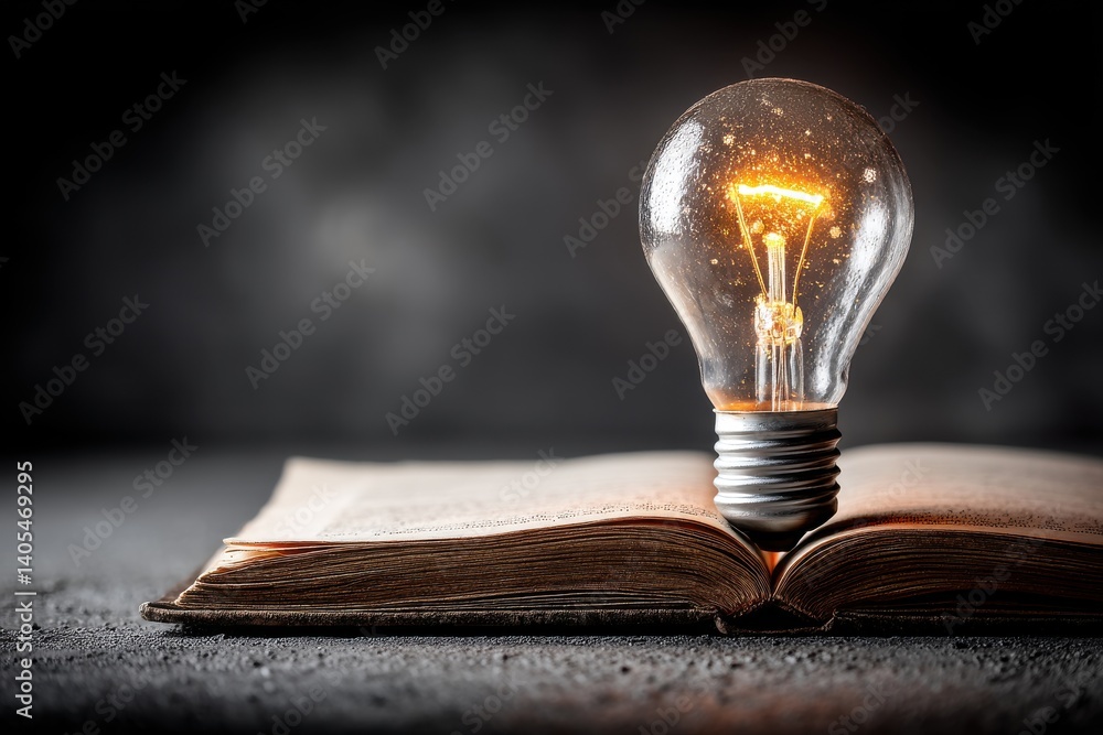 Poster a conceptual image showcasing an illuminated light bulb resting on an open book, symbolizing ideas, 