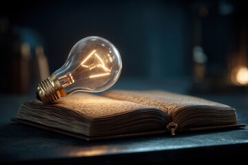 An open book with illegible writing on the pages, illuminated by a glowing light bulb, symbolizes knowledge, inspiration, and the pursuit of wisdom in a dimly lit setting.