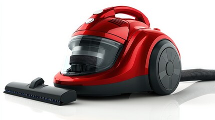 Fototapeta premium Sleek red vacuum cleaner on a white background, showcasing modern design and functionality