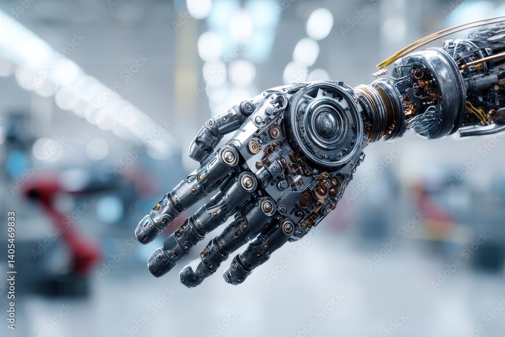 Poster detailed closeup of a futuristic robot hand with intricate mechanical parts, showcasing advanced tec