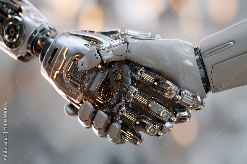 Poster a conceptual image depicting a handshake between two futuristic robot hands, symbolizing technology,