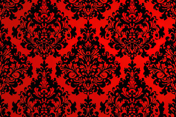 Elegant red and black damask pattern with ornate floral and foliage designs