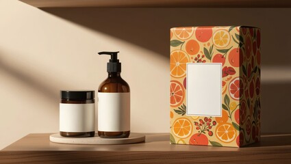 Differentiation strengthens business strategy and competition concept. Stylish skincare products on a wooden shelf with vibrant packaging.