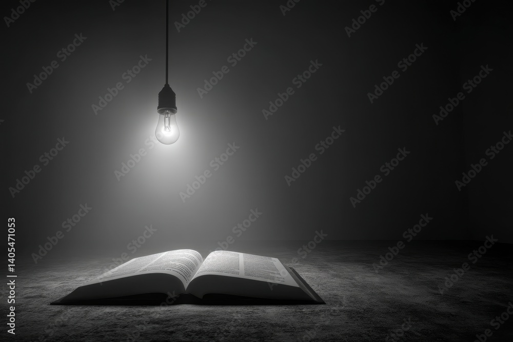 Poster illuminated book under a glowing lightbulb, spreading knowledge and inspiration with light and shado