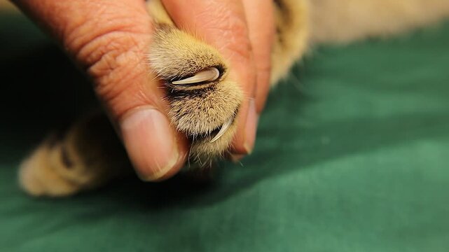 Veterinarian gently presses a cat 's paw to reveal its hidden claws, showcasing their retractable nature like daggers &mdash; a perfect educational and emotional moment. Pet vet. Cat claw.