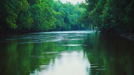 Obraz premium A river with a green reflection of the trees