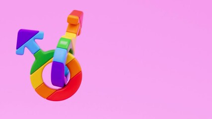 Pride looping video featuring two rainbow-colored male symbols joined together on a pink background to celebrate LGBTQIA+ Pride Month and love diversity in 3D animation. - Powered by Adobe