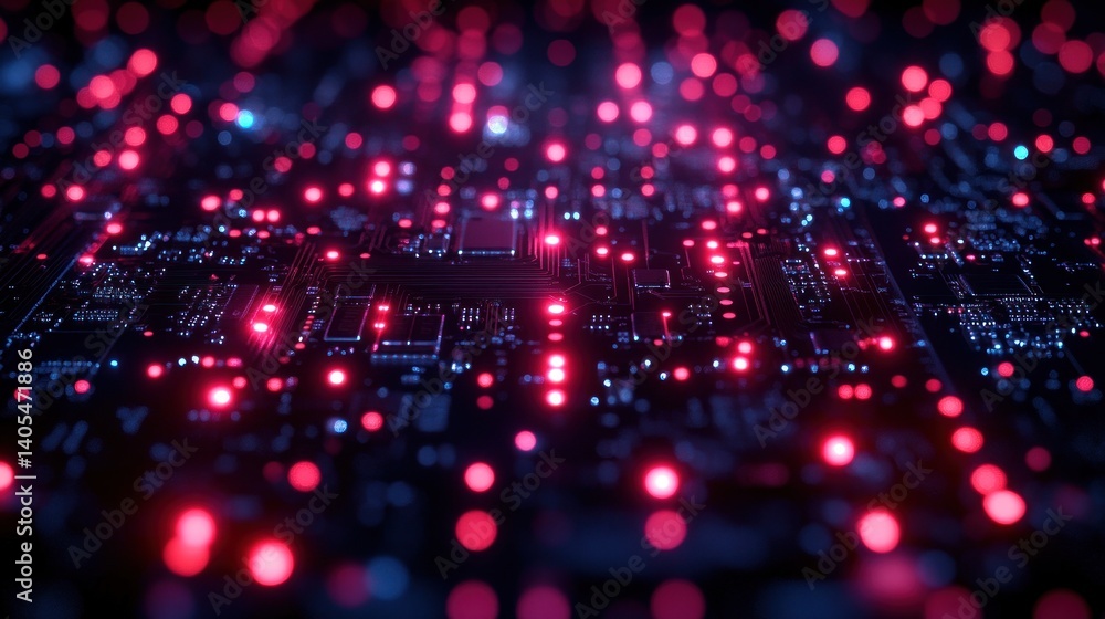 Aufkleber abstract circuit board: glowing red and blue nodes in a digital network