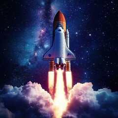 Naklejka premium Rocket launch event outer space digital artwork cosmic environment dramatic viewpoint exploration concept