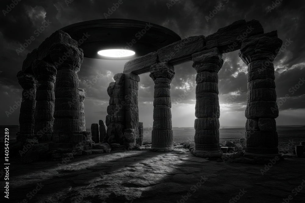 Poster a monochrome vision of ancient ruins with a ufo hovering, illuminating the scene, creating a surreal