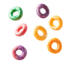  Floating colorful cereal rings isolated on transparent background , in PNG format.