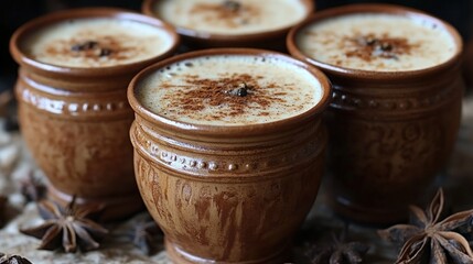 Spiced Creamy Latte in Rustic Pottery Mugs
