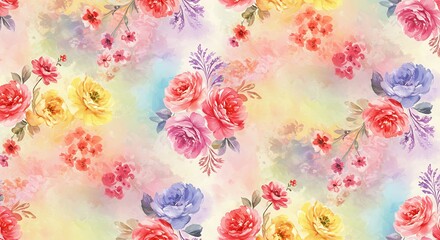 Watercolor-style floral pattern with vivid blossoms and soft background, ideal for textile prints, fashion, or home décor