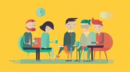 Stylish Flat-Design Illustration: Diverse Team Brainstorming in Modern Cafe Setting