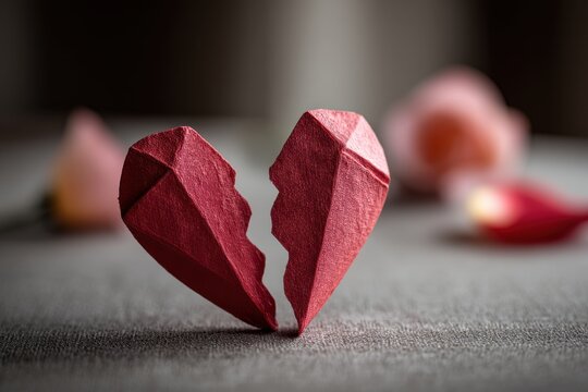 A symbolic representation of heartbreak and emotional pain, with a broken origami heart on gray textile background, surrounded by blurred pink origami flowers.
