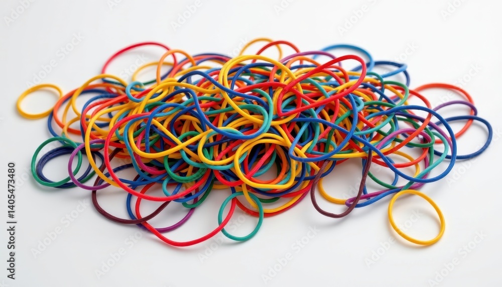 Aufkleber tangled forms generate a complex, tangled arrangement of colorful elastic bands in a chaotic yet art