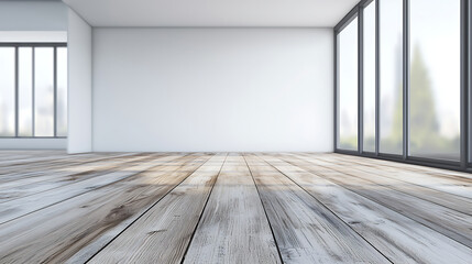 A large room with a wooden floor and white walls