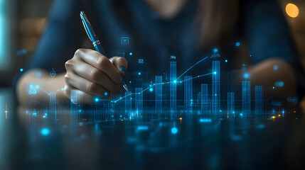 analyzing futuristic financial chart with holographic data visualization and digital graphs