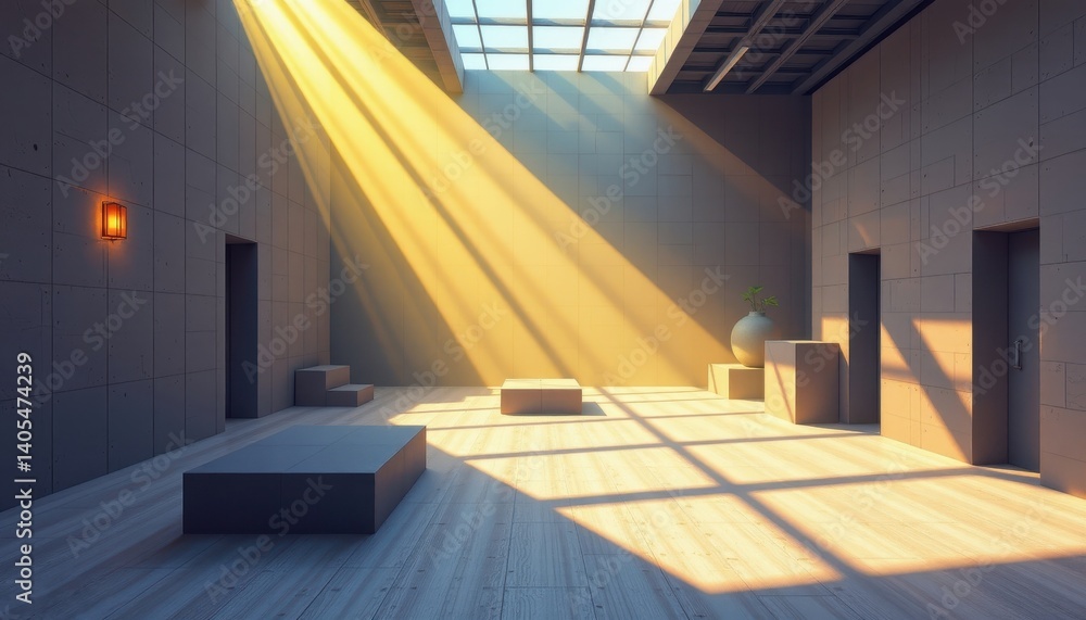 Poster light play illustrate a space where beams of light interact with geometrically arranged shapes, cast