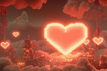 Glowing Red Pixel Heart With Neon Outline Illuminating a Digital Landscape Filled With Clouds and Floating Hearts at Night
