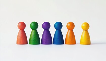 wooden peg dolls painted in purple, orange, blue, and green, standing in a row on white background, even lighting and teardrop-shaped minimalistic design.