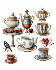 Vintage Victorian-style themes illustration Catering tea sets , on a white background, very detailed with vintage colors