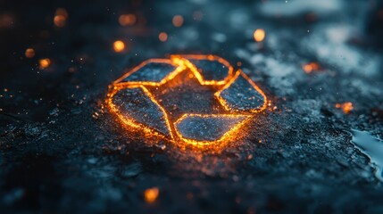 Burning recycled symbol on a dark metallic surface.  Fiery star-shaped recycling icon glows intensely