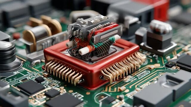 Miniature engine on electronic circuit board: A captivating macro perspective of a small-scale engine precisely positioned on a detailed electronic circuit board.