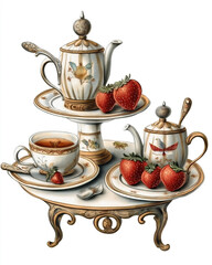 Vintage Victorian-style themes illustration Catering tea sets , on a white background, very detailed with vintage colors