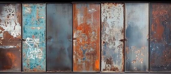 A row of weathered metal doors with peeling blue/brown/white paint, heavy rust stains and graffiti tags, close-up view highlighting rivets, handles and industrial decay under harsh natural light. 
