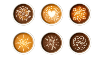 Coffee Art Variety Set In Brown And White Colors Isolated Background