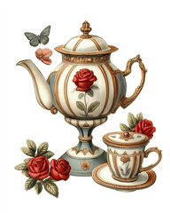 Vintage Victorian-style themes illustration Catering tea sets , on a white background, very detailed with vintage colors