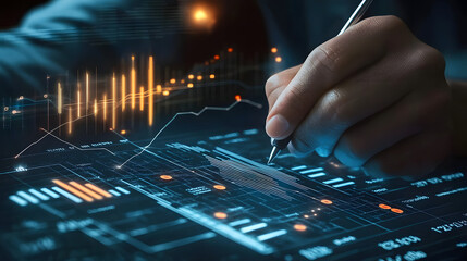 Businessman analyzing futuristic financial data on digital screen with glowing analytics interface