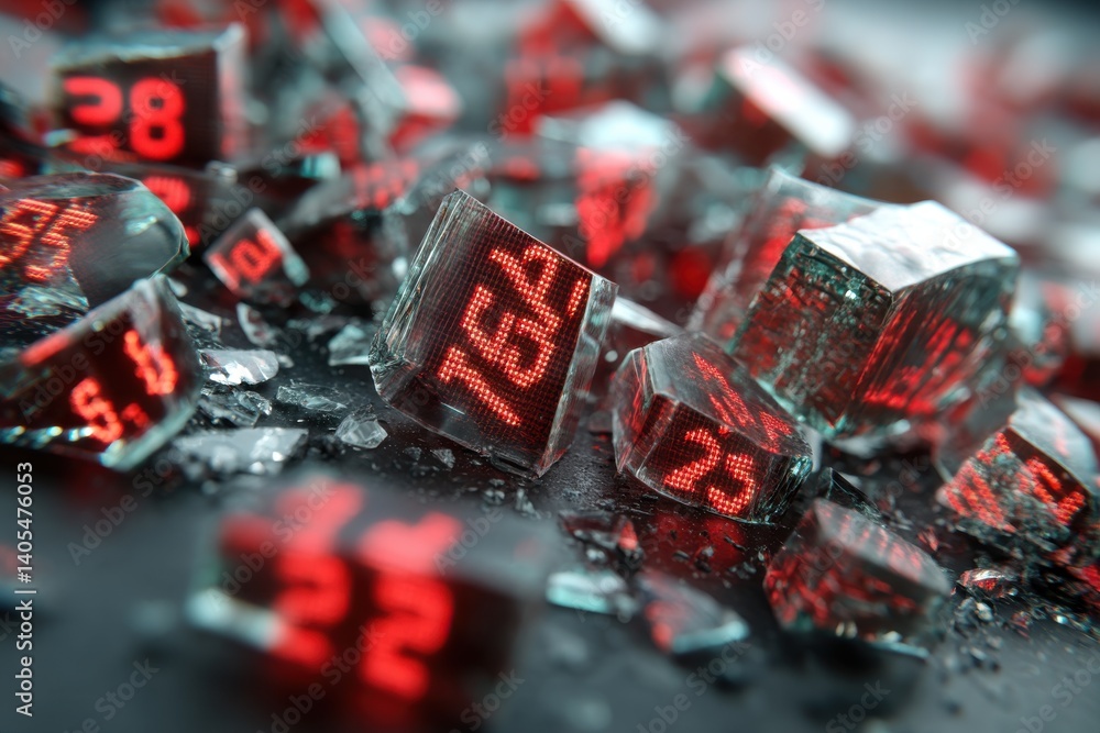 Poster abstract digital concept of broken glass cubes displaying red numeric information, reflecting techno