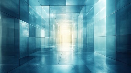 Futuristic corridor with reflective glass walls leading to a bright light at the end, showcasing modern design