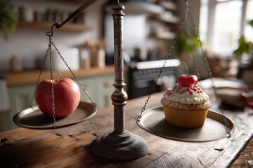 Vintage kitchen scales balancing a fresh red apple against a frosted cupcake, showcasing a concept of healthy eating choices and dietary decision-making.