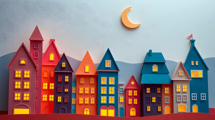 Crescent Moon Glowing Over Night Houses