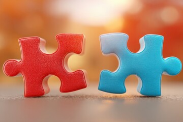 Obraz premium Red and blue puzzle pieces waiting to be connected, symbolizing teamwork, collaboration, and problem-solving, with a blurred background providing depth.